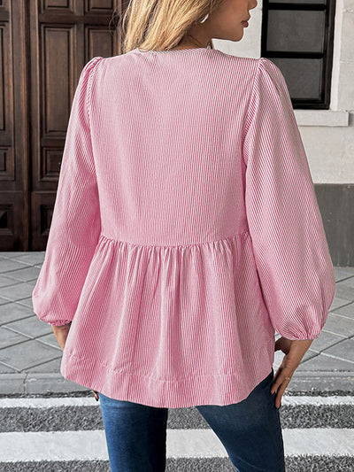 Long Sleeves Loose Elasticity Pleated Striped Tied Round-Neck Blouses&Shirts Tops