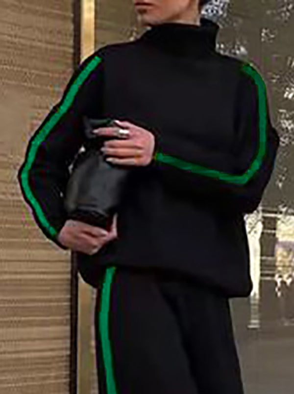 Long Sleeves Loose Buttoned Hollow Printed Split-Joint High Neck Sweatshirt Tops