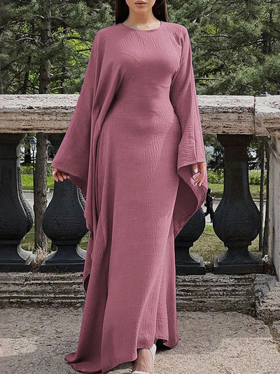 Batwing Sleeves Long Sleeves Solid Color Round-Neck Maxi Dresses