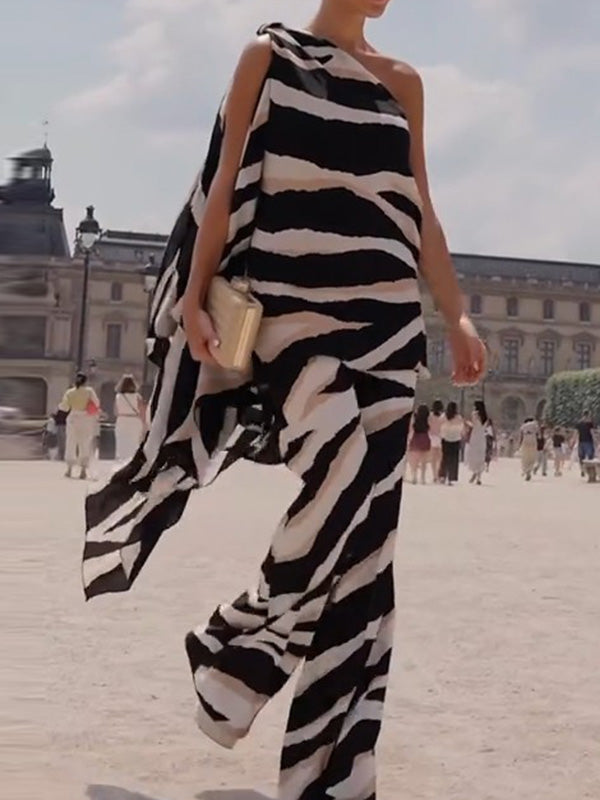 Loose Sleeveless Asymmetric Zebra-Stripe One-Shoulder Vest Top