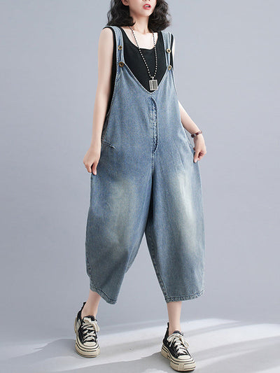 Cropped Loose Denim Buttoned Overalls