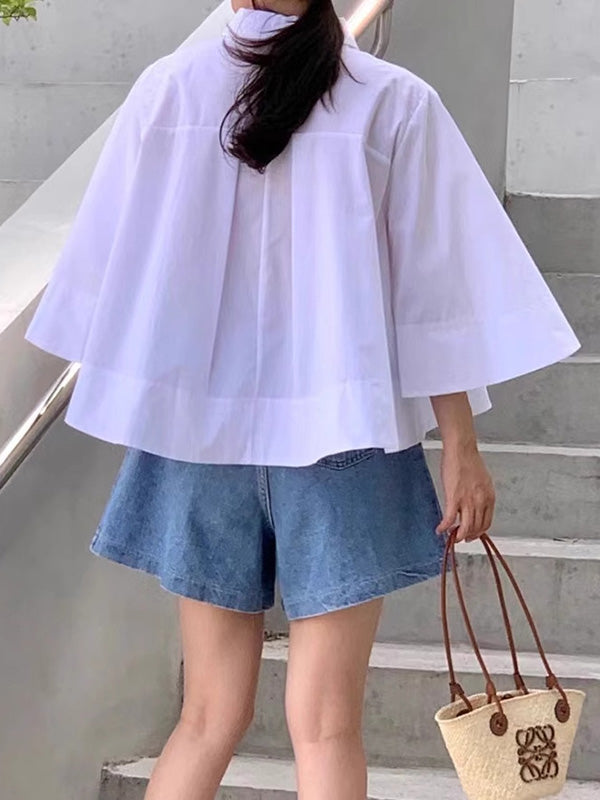 A-Line Flared Sleeves Buttoned Pleated Solid Color Lapel Blouses&Shirts Tops