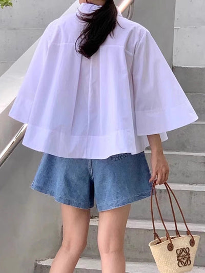 A-Line Flared Sleeves Buttoned Pleated Solid Color Lapel Blouses&Shirts Tops