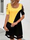 A-Line Loose Contrast Color Hollow Mesh Split-Joint Cold Shoulder Mini Dresses