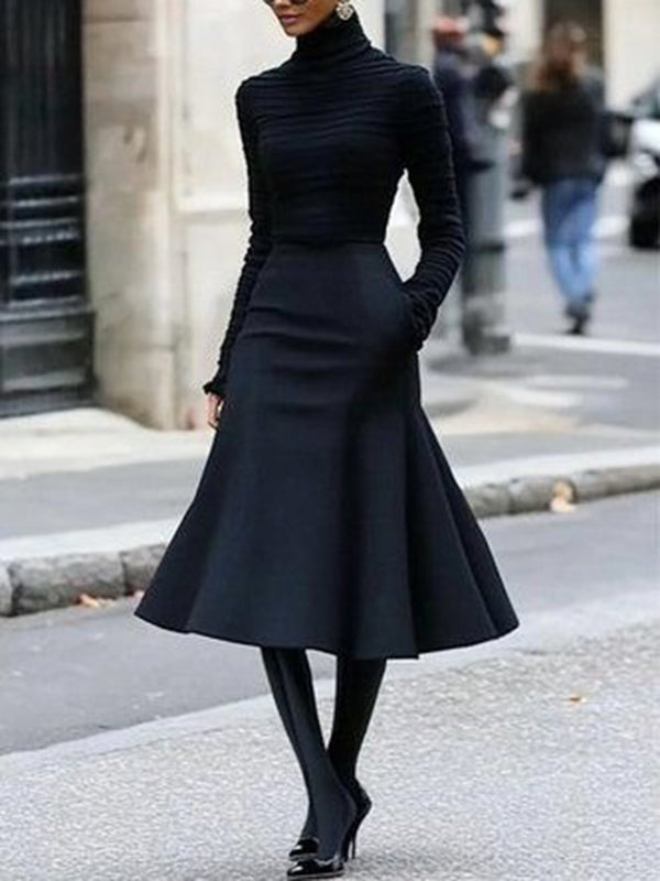 Long Sleeves Skinny Pleated Solid Color Split-Joint High Neck T-Shirts