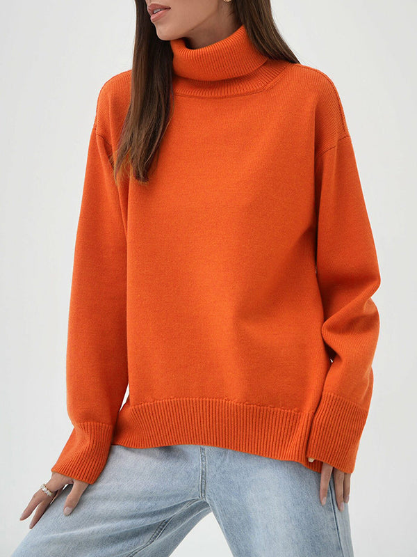 Long Sleeves Loose Solid Color High Neck Knitwear Pullovers Sweater Sweater Tops