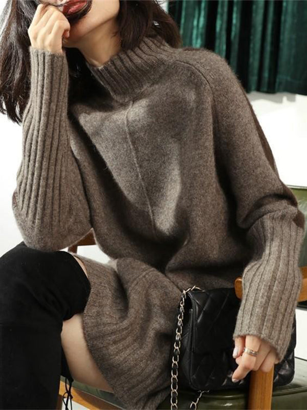 Loose Long Sleeves Contrast Color Half Turtleneck Sweater Dresses