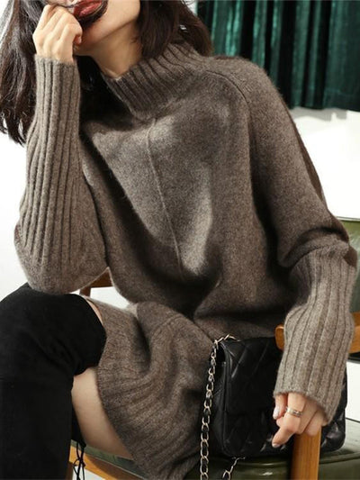 Loose Long Sleeves Contrast Color Half Turtleneck Sweater Dresses