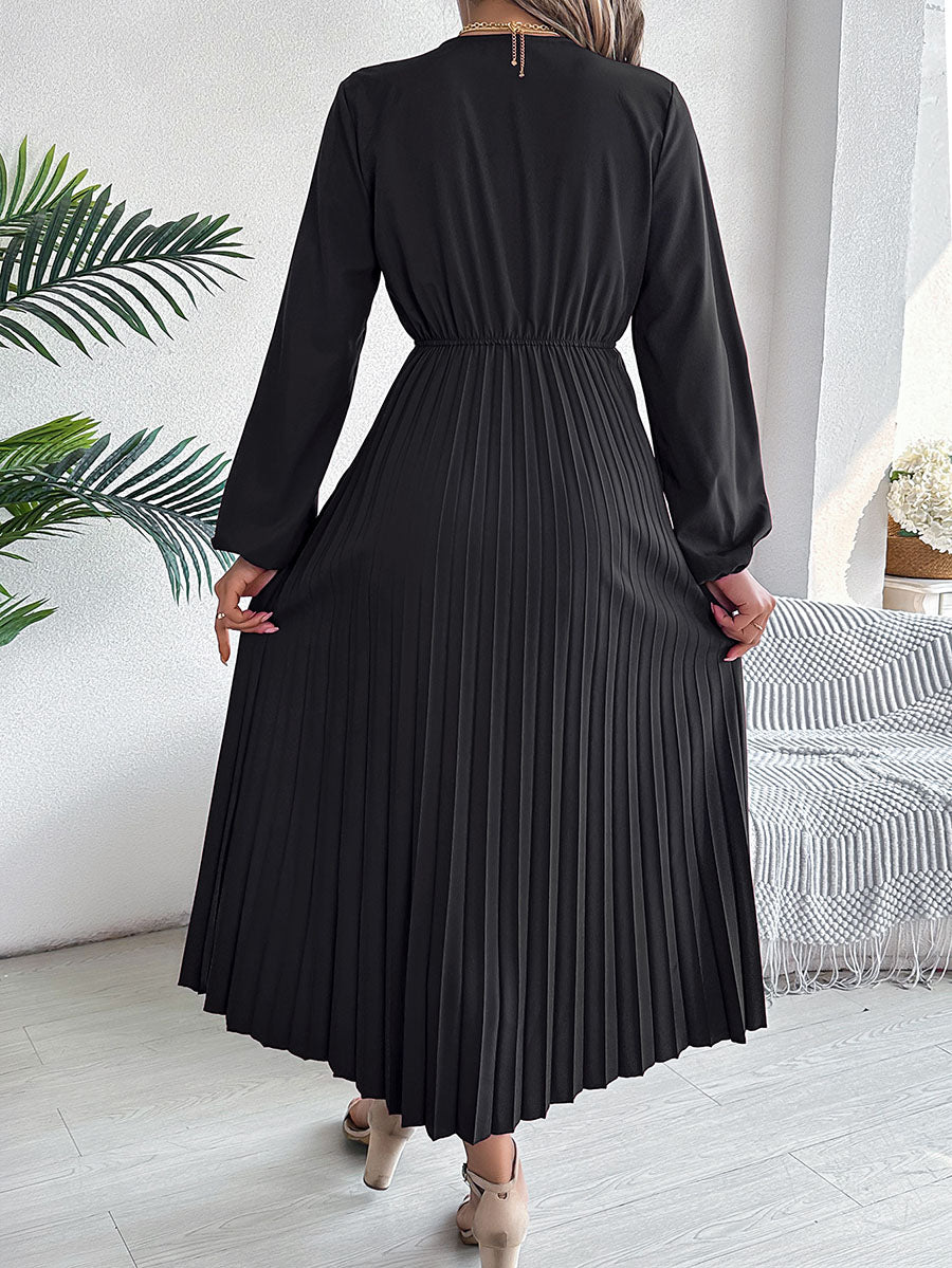 A-Line High Waisted Elasticity Pleated Solid Color V-Neck Maxi Dresses
