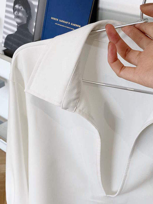 Long Sleeves Loose Solid Color Lapel Blouses