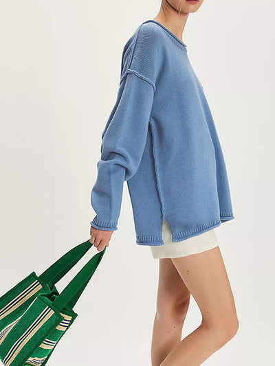 Long Sleeves Loose Solid Color Split-Joint Round-Neck Sweater Tops