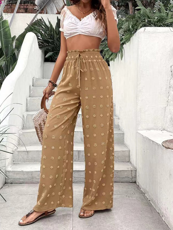 High Waisted Loose Drawstring Elasticity Jacquard Solid Color Pants Trousers