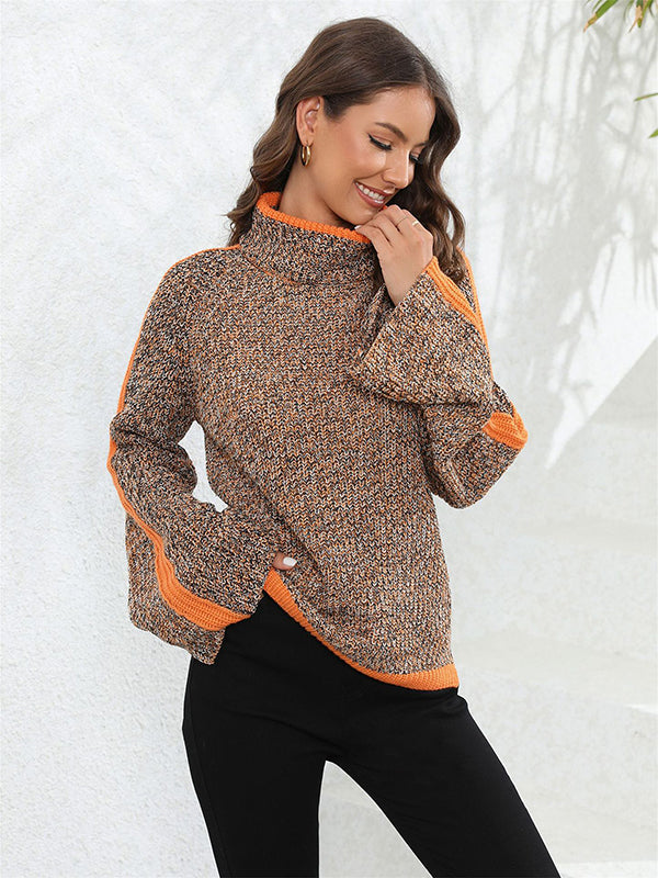Casual Long Sleeves Loose Contrast Color Half Turtleneck Sweater Tops