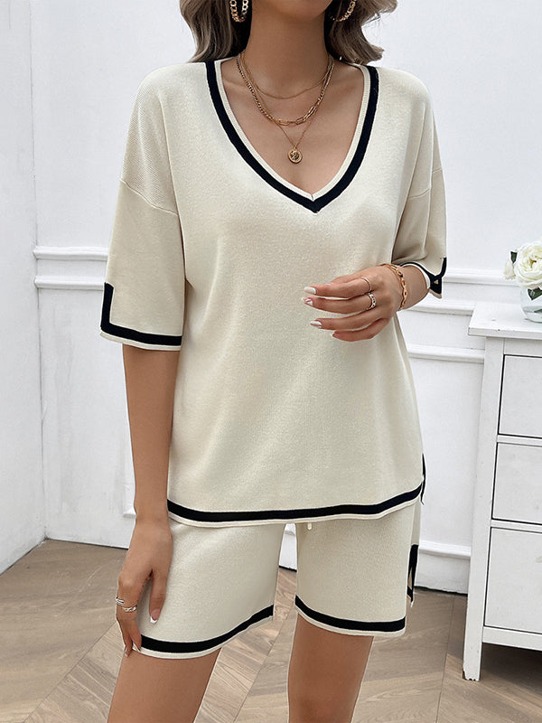 Half Sleeves Loose Contrast Color V-Neck T-Shirt Top + Shorts Bottom Sweater Two Pieces Set