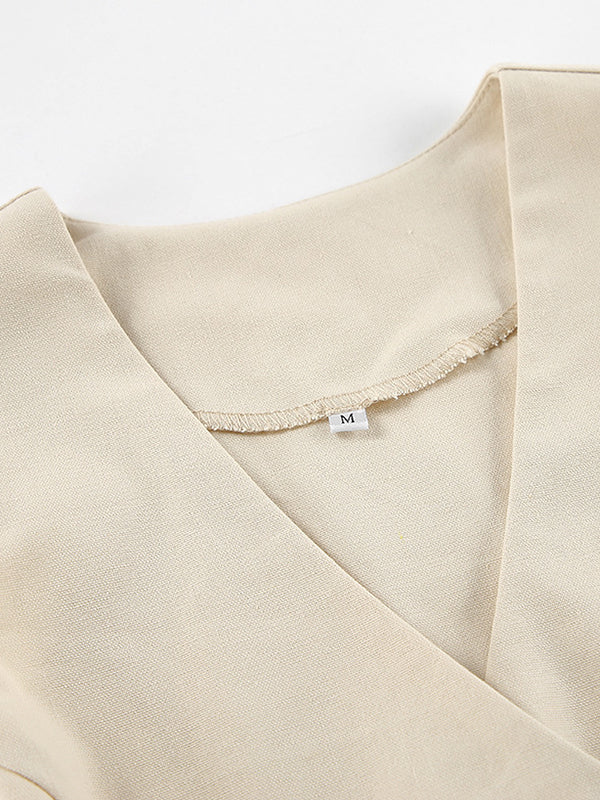 Solid Color Sleeveless Asymmetric Split-Joint  V-Neck Vest Tops +  Straight Leg Pants Suits Two Pieces Set