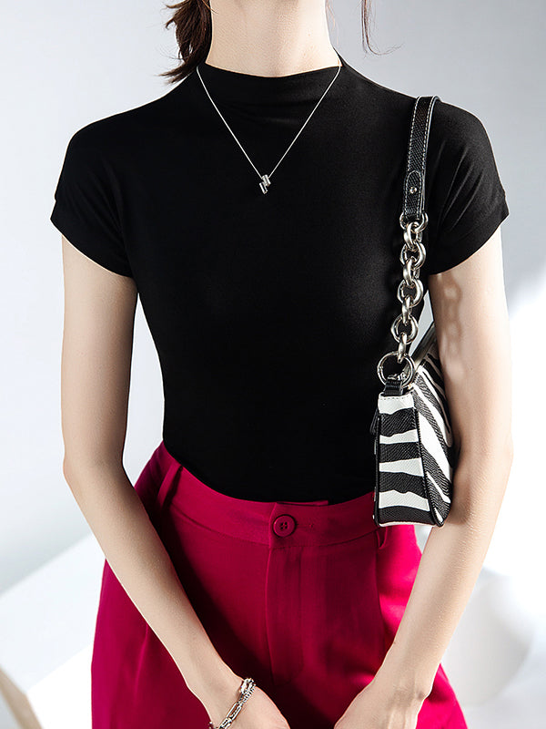 Short Sleeves Skinny Solid Color Mock Neck T-Shirts Tops