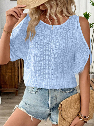 Loose Short Sleeves Solid Color Split-Joint Textured Cold Shoulder Blouses&Shirts Tops