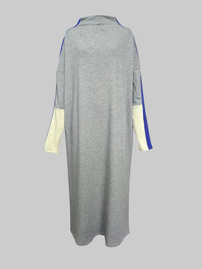 Long Sleeves Loose Contrast Color Stand Collar Maxi Dresses