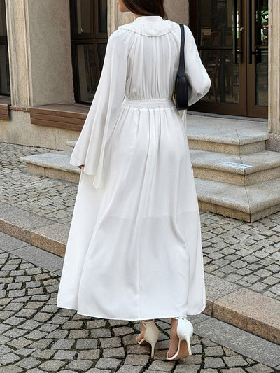 High Waisted Long Sleeves Pleated Ruffled Solid Color V-Neck Maxi Dresses