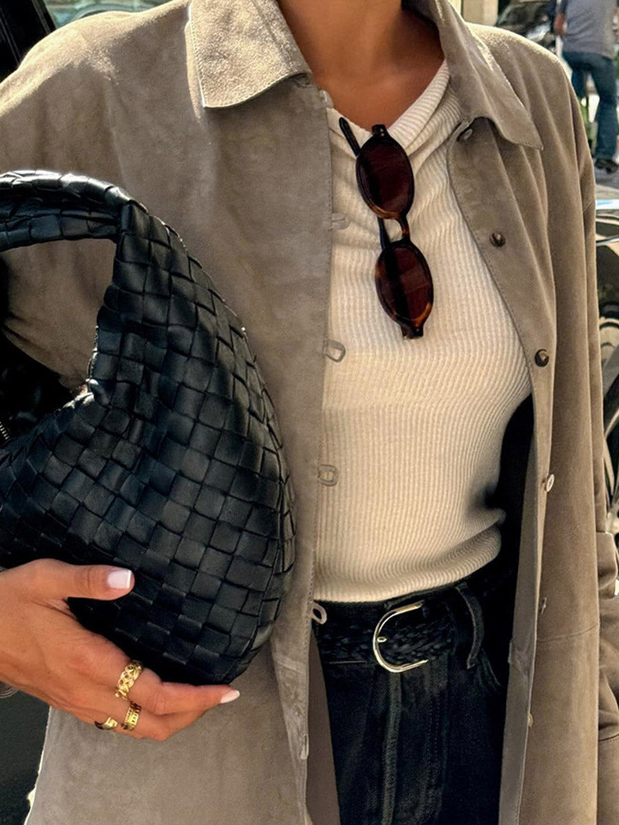 Long Sleeves Loose Buttoned Solid Color Split-Joint Lapel Blouses&Shirts Tops Outerwear