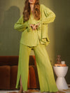 Flared Sleeves Long Sleeves Buttoned Drawstring Pleated Solid Color Split-Side Lapel Shirts Top + Pants Bottom Pajama Sets