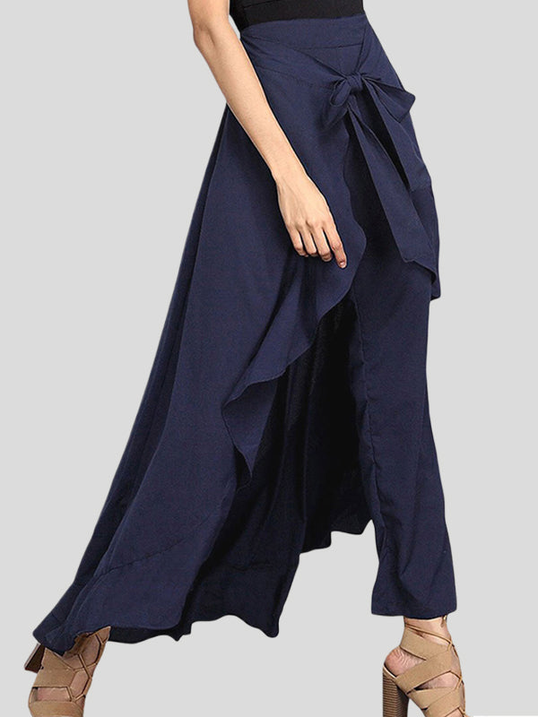 Loose Ruffle Trim Solid Color Split-Joint Tied Waist Zipper Culotte