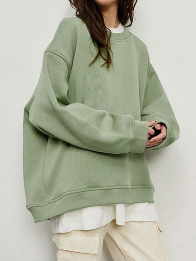 Long Sleeves Loose Solid Color Round-Neck Sweatshirt Tops