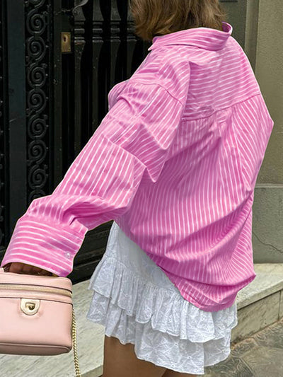 Long Sleeves Loose Buttoned Pockets Striped Lapel Blouses&Shirts Tops