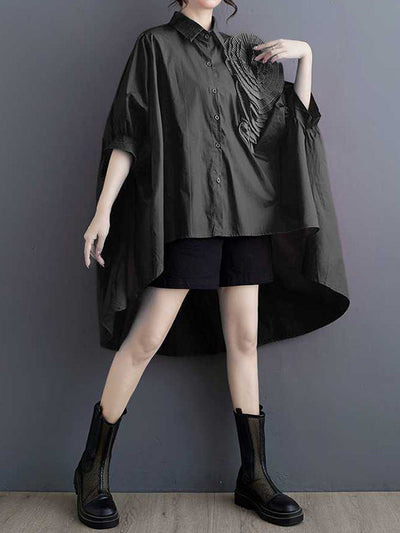 Batwing Sleeves Half Sleeves Asymmetric Buttoned Pleated Solid Color Three-Dimensional Flower Lapel Blouses&Shirts Tops