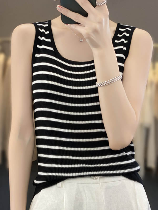 Loose Sleeveless Contrast Color Striped U-Neck Vest Top