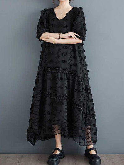 A-Line Half Sleeves Elasticity Jacquard Solid Color Split-Joint V-Neck Midi Dresses