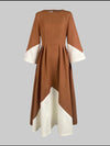 A-Line Long Sleeves Contrast Color Pleated Pockets Split-Joint High Neck Midi Dresses