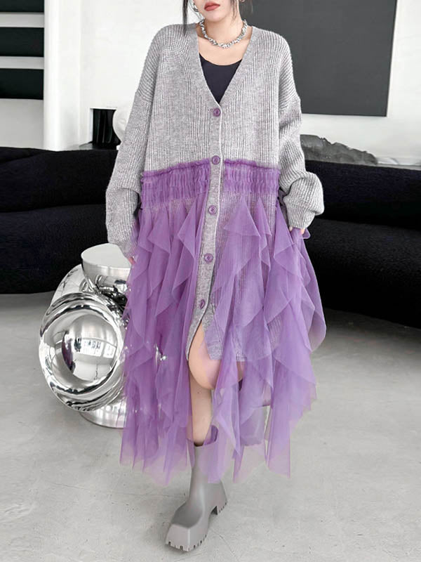 High-Low Irregularity Buttoned Contrast Color Mesh Pleated Ribs Split-Joint Collarless Cardigan Tops Outerwear
