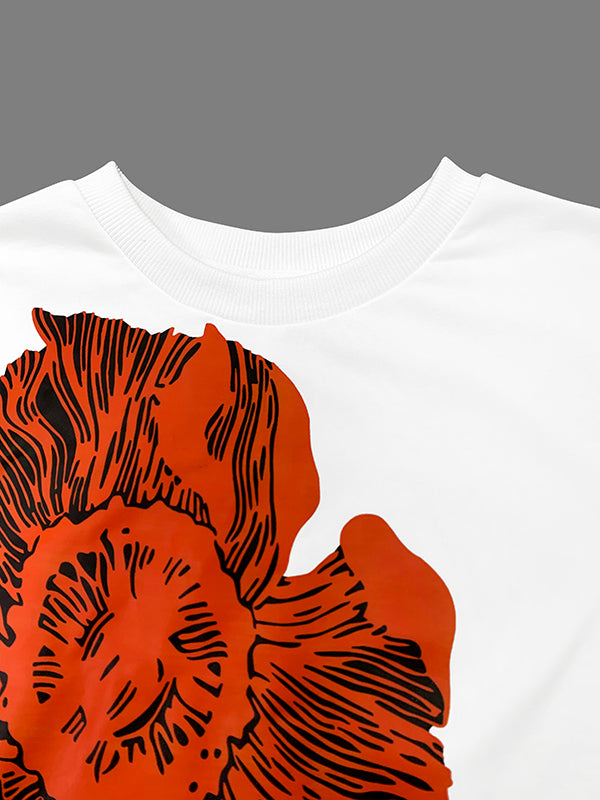 Flared Sleeves Long Sleeves Flower Print Round-neck T-Shirts Tops