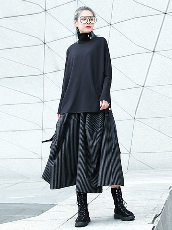 High Waisted Loose Elasticity Pockets Striped Culotte Pants