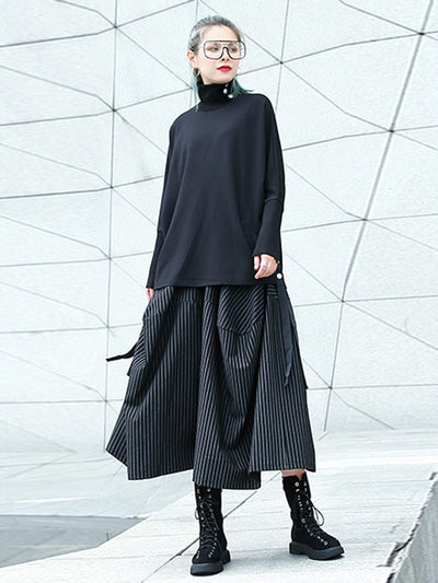 High Waisted Loose Elasticity Pockets Striped Culotte Pants