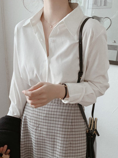 Long Sleeves Plus Size Buttoned Comfort Solid Color Lapel Blouses&Shirts Tops