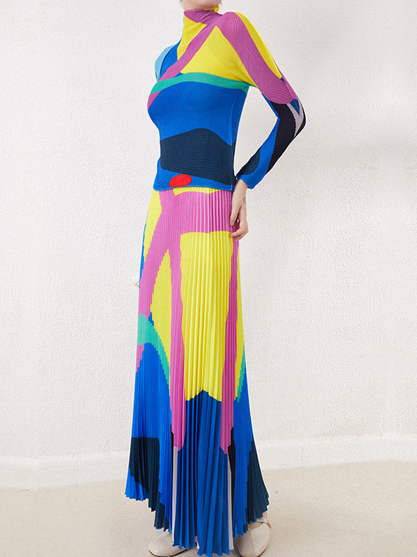 Long Sleeves Contrast Color Pleated Mock Neck T-Shirts Tops