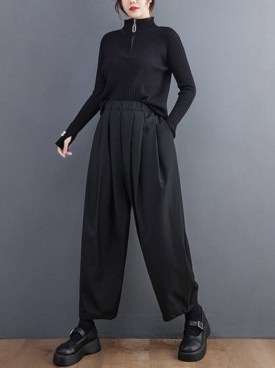 Casual Wide Leg Loose Pleated Solid Color Pants