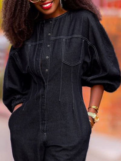 Puff Sleeves Split-Joint Round-Neck Jumpsuits