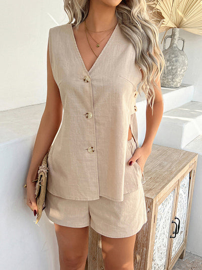Loose Sleeveless Buttoned Hollow Solid Color V-Neck Vest Top + Pockets Elasticity Shorts Bottom Two Pieces Set