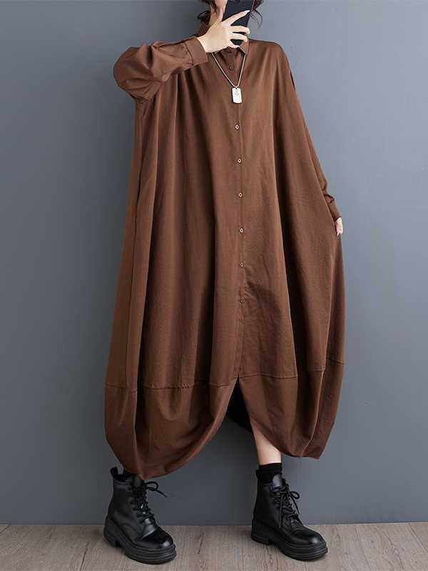 A-Line Long Sleeves Buttoned Pockets Solid Color Split-Joint Lapel Midi Dresses Shirt Dress