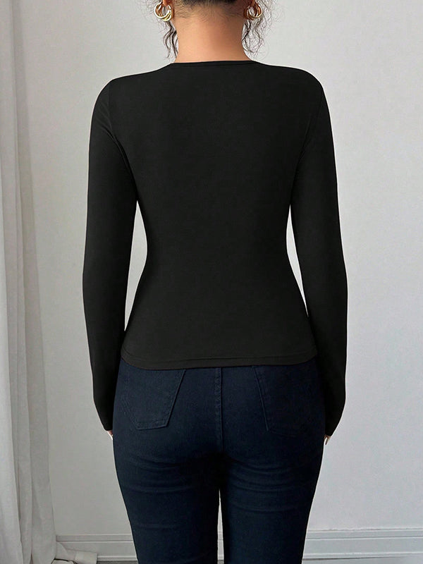 Long Sleeves Skinny Solid Color Split-Joint Asymmetric Collar T-Shirts