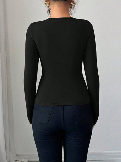 Long Sleeves Skinny Solid Color Split-Joint Asymmetric Collar T-Shirts