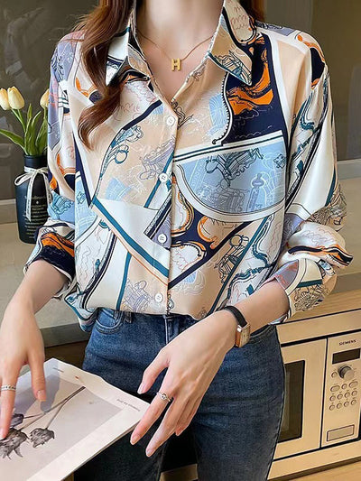 Long Sleeves Loose Buttoned Printed Split-Joint Lapel Blouses&Shirts Tops