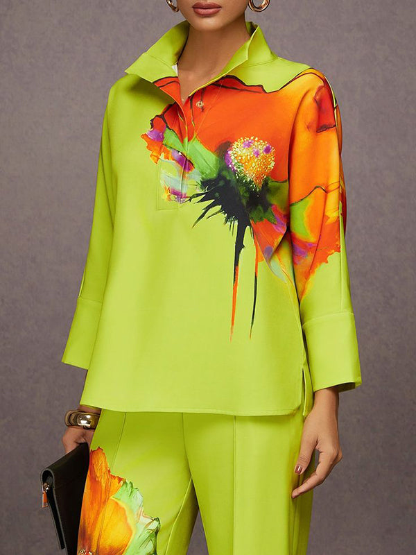 Long Sleeves Loose Buttoned Flower Print Stand Collar Blouses&Shirts Tops