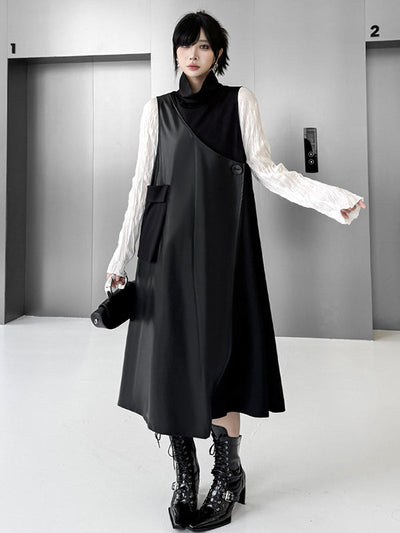 Irregularity Loose Asymmetric Buttoned Solid Color Split-Joint High Neck Midi Dresses