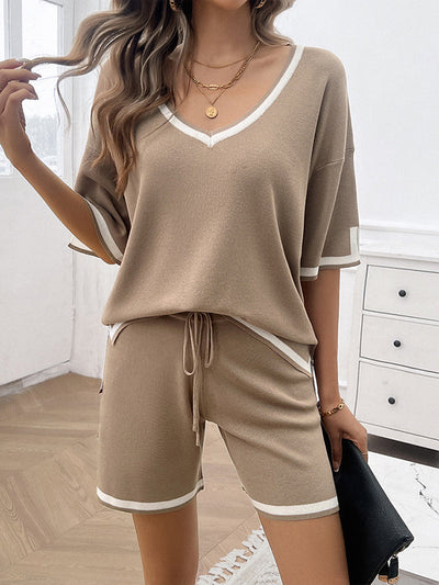 Half Sleeves Loose Contrast Color V-Neck T-Shirt Top + Shorts Bottom Sweater Two Pieces Set