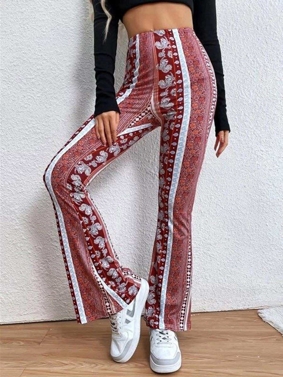 Flared Pants High Waisted Contrast Color Printed Split-Joint Pants