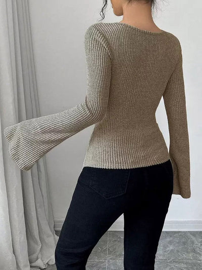 Flared Sleeves Irregularity Pleated Ribbed Knit Solid Color Heaps Collar T-Shirts Tops
